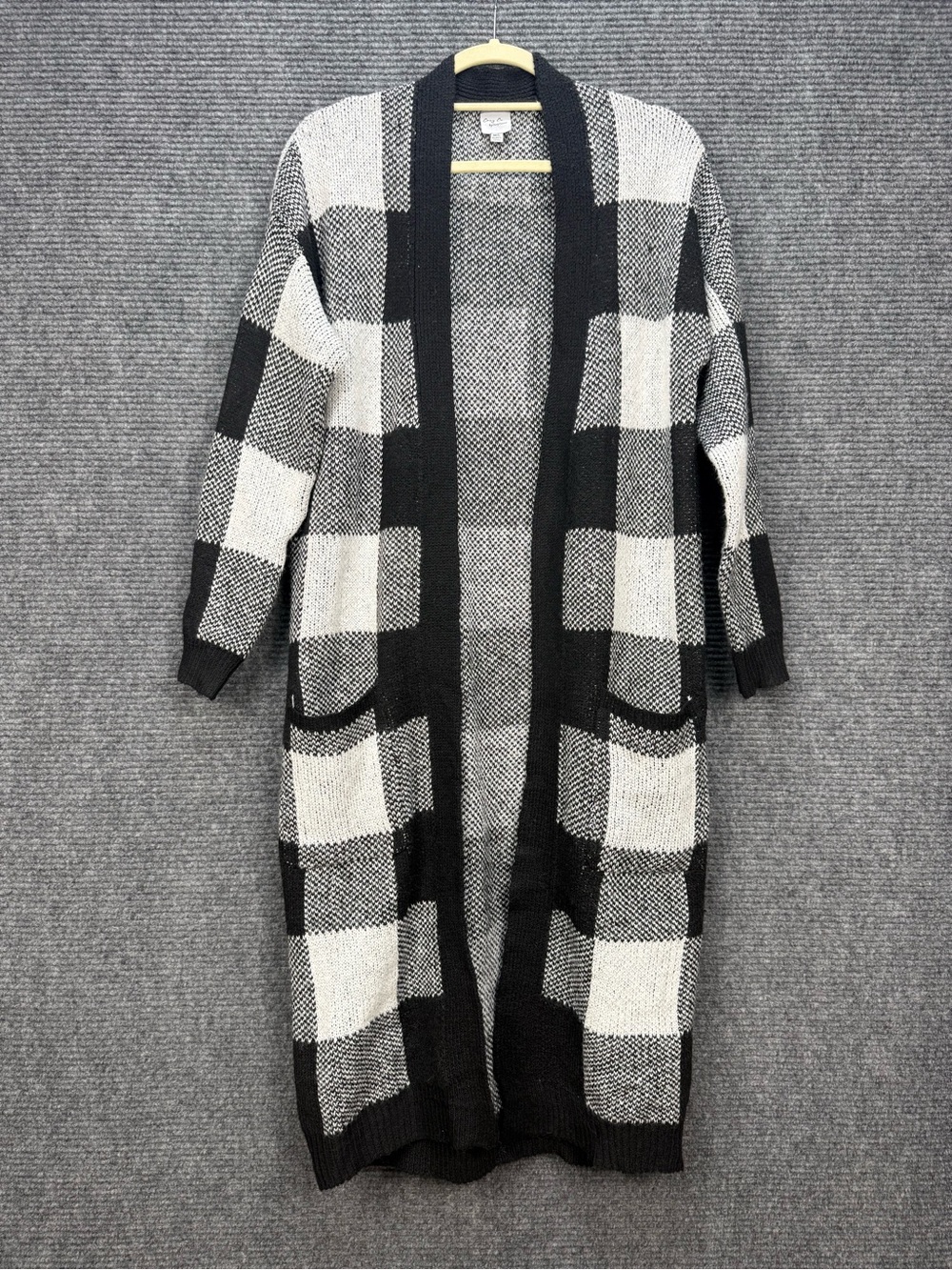 Cozy Co M/L Longline Open Front Cardigan White Black Plaid Duster Sweater